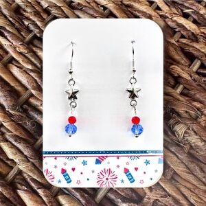 New Handmade Silver-Tone Patriotic Star Dangle Earrings (1.75" long x 0.25" wide